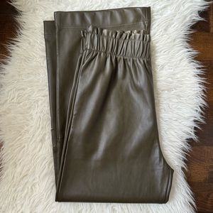 Anthro olive faux leather pant wide leg lounge pant trouser style elastic waist